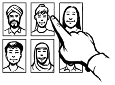 A piece of paper with pictures of six different people on it. A hand is pointing to one of the people