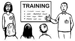 A woman is standing next to a board with ‘Training’ written on it. A man is standing at the other side, pointing at the board. A group of people are sitting in front of the board, watching.”
