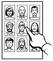 A sheet of paper with pictures of nine people on it. All of the people look different from each other. A hand is pointing at one of the people