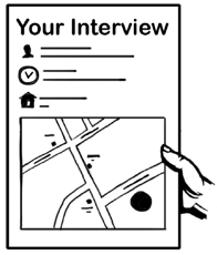 A hand holding a sheet of paper with ‘Your Interview’ written at the top of it. The piece of paper also symbols and a map on it