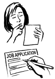 A woman reading a letter and looking thoughtful. Under this is a hand filling in a Job Application form