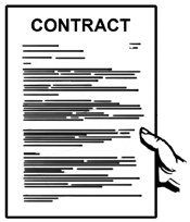 A hand holding a piece of paper with ‘Contract’ written at the top and a lot of small writing underneath