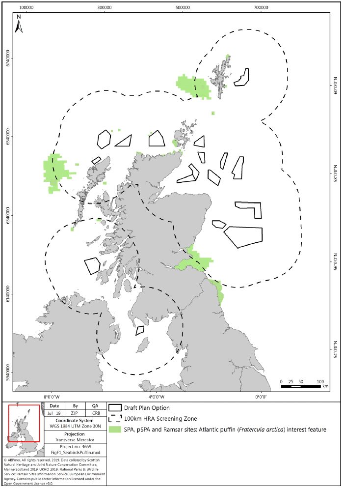 Figure F1: Puffin European/Ramsar sites screened in for potential LSE