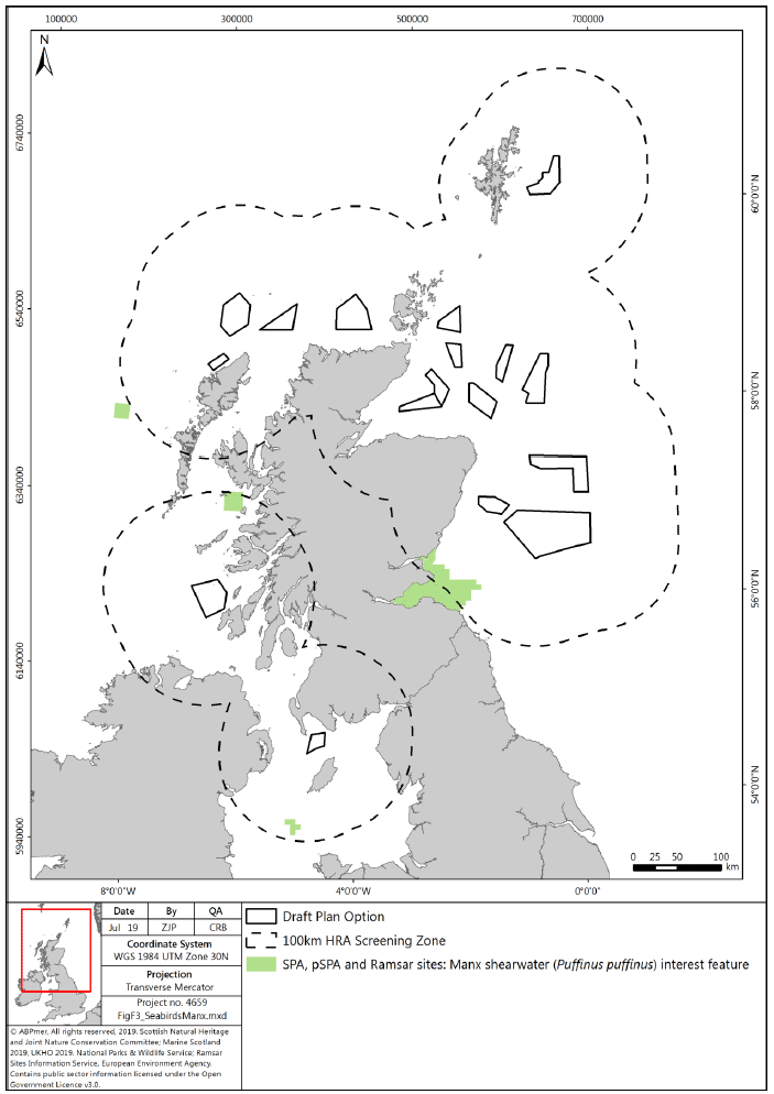 Figure F3: Manx Shearwater European/Ramsar sites screened in for potential LSE