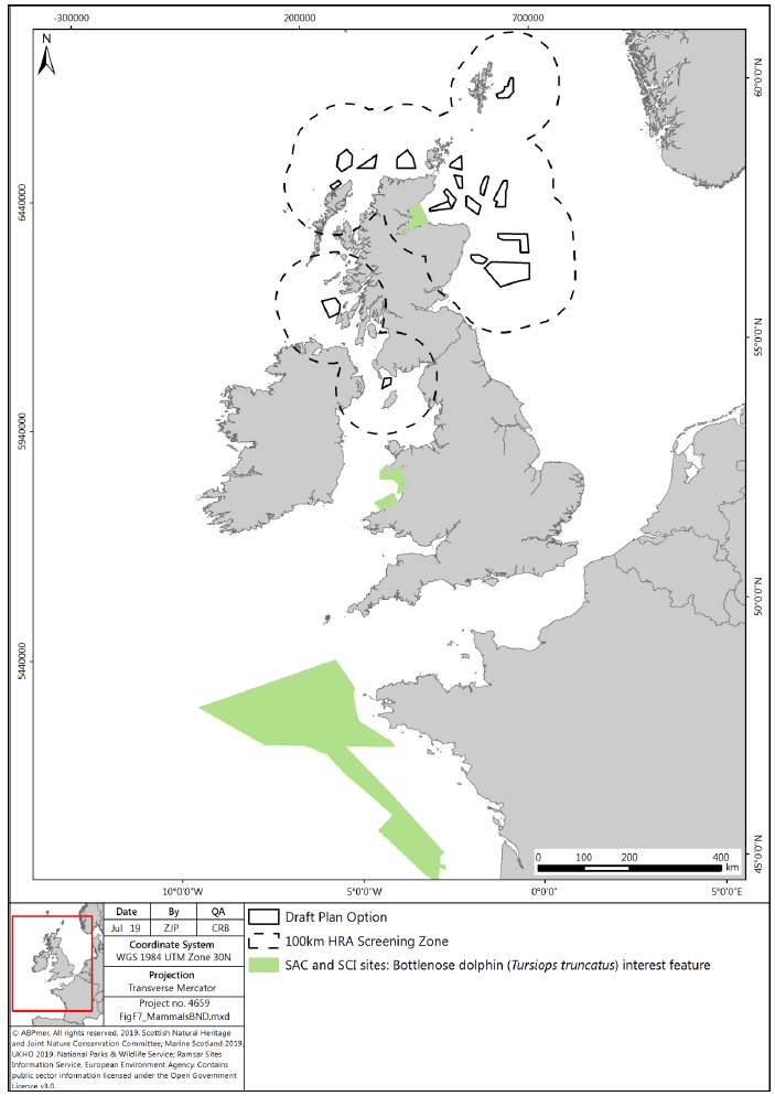 Figure F7: Bottlenose dolphin European/Ramsar sites screened in for potential LSE