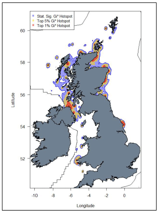 Image G17: Map displaying hotspots identified at the UK-level for Razorbill