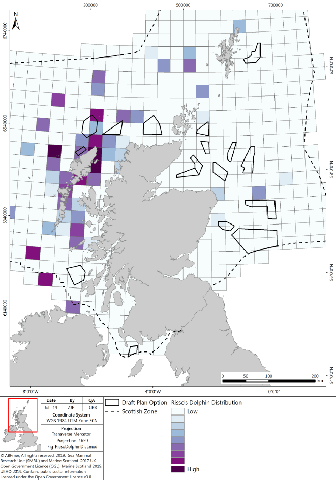 Figure 13 Risso's dolphin distribution in Scottish waters