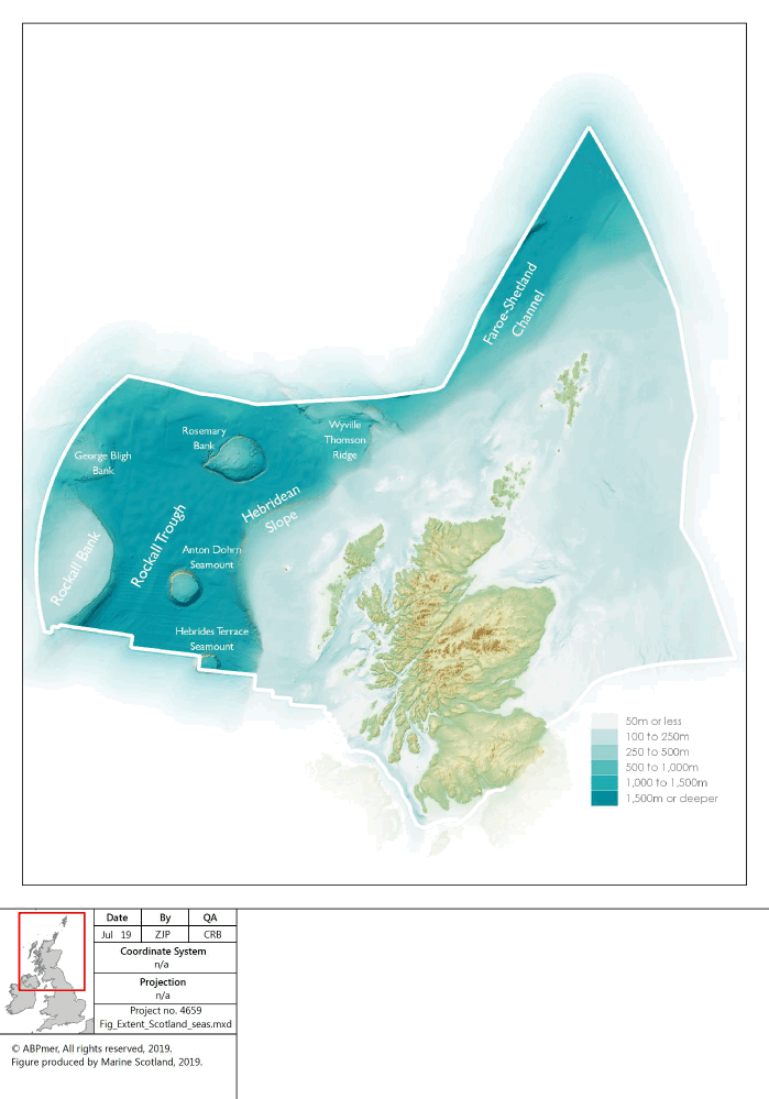 Figure 23 Extent of Scotland's seas, showing bathymetry and locations of major physiographical features