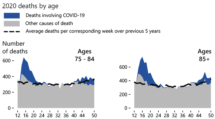 Area charts showing excess deaths among those aged 75-84 and 85+ from March to December 2020