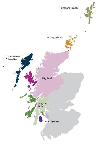 Map of Scotland highlighting all 6 local authorities representing Island Communities (islands in darker shades where islands are part of mainland Local Authorities)