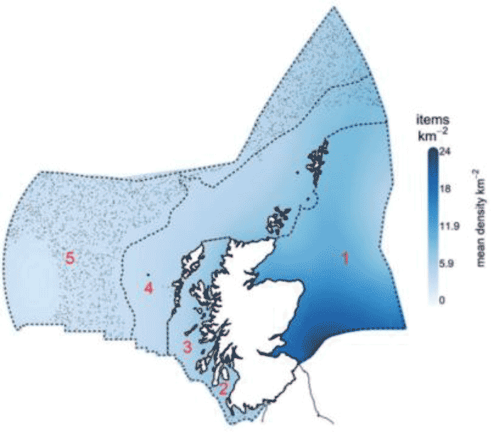 Map of modelled sea floor litter densities, 2016 to 2018. 