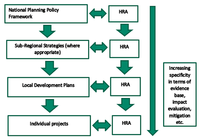 Diagram illustrating tiering of Habitats Regulations Appraisal through the planning system 