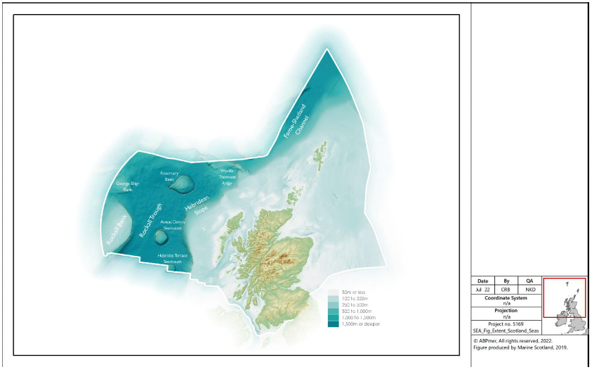 Extent of Scotland’s seas, showing bathymetry and locations of major physiographical features

Map of Scotland's seas showing bathymetry and locations of major physiographical features. Depth is indicated by shading, with the deepest waters in the darkest shade furthest offshore and the shallower waters in a lighter shade closest to the coast.