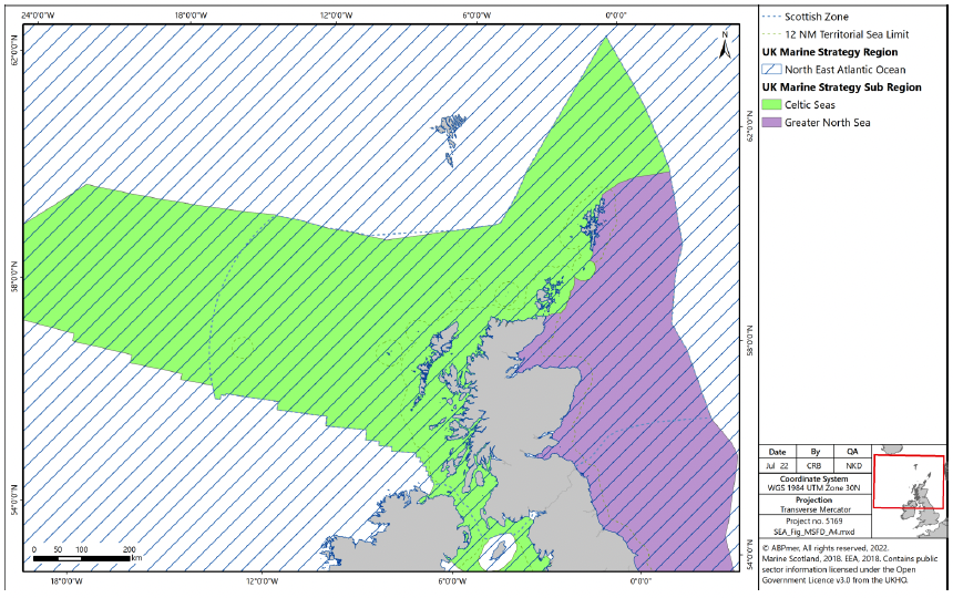 UK Marine Strategy region and subregions

Map of Scotland's seas showing which UK Marine Strategy regions and subregions they belong to. The map shows that the whole of Scotland's seas belong in the North East Atlantic Ocean; the seas in the West and North West are in the Celtic seas subregion; and the seas in the North East and East are in the Greater North sea subregion.