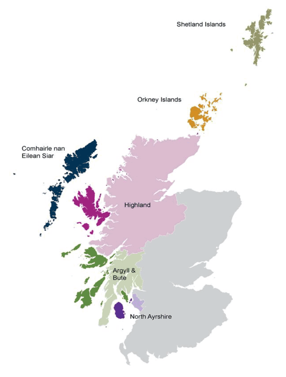 Map of Scotland highlighting all 6 local authorities representing Island Communities. Shetland Islands, Orkney Islands, Comhairle nan Eilean Sair, Highland, Argyll and Bute and North Ayrshire.