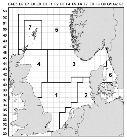A map of the North Sea showing the seven sandeel management areas delimited by black lines. Area 1r is central and southern North Sea/Dogger Bank, 2r is central and southern North Sea, 3r is northern and central North Sea/ Skagerrak, 4 is northern and central North Sea, 5r is northern North Sea/Viking and Bergen banks, 6 is Skagerrak, Kattegat and Belt Sea and 7r is northern North Sea/Shetland. The closure within sandeel area 4 is depicted by a small red box.