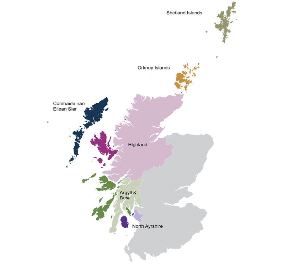 Map highlighting Shetland Islands, Orkney Islands, Comhairle nan Eilean Siar, Highland, Argyll & Bute and North Ayrshire as the 6 local authorities representing Island Communities (some islands are shaded darker where they are part of mainland Local Authorities)