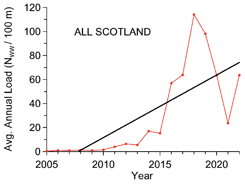 The annual average number of wet wipes for all surveys on Scottish beaches has changed over time between 2005 and 2022. From 2005 to 2010 numbers were low, rising rapidly from 2010 onwards. The overall trend shows an increase over time between 2005 and 2022.