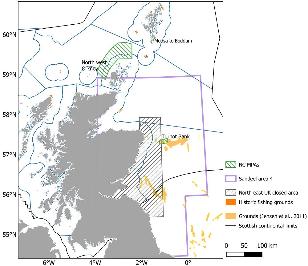 the extent of ICES assessment area 4 and the various spatial measures for sandeels within Scottish waters. Blue lines show Scottish Marine and Offshore Regions for context.