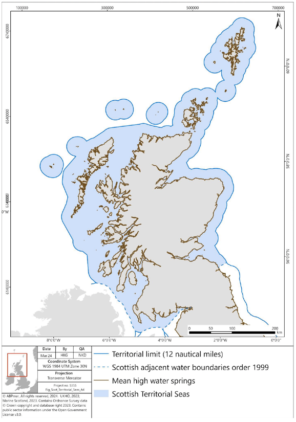 Figure shows a map of Scotland and the territorial limits of Scotland's waters (12 nautical miles away from the coast).  Details in text following the figure.