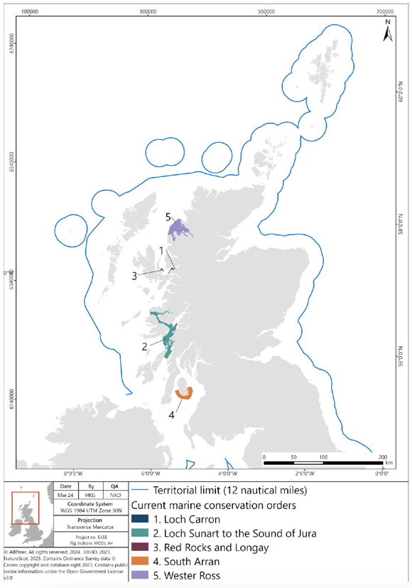 Figure shows a map of Scotland and the territorial limits of Scotland's waters (12 nautical miles away from the coast).  Details in text following the figure.