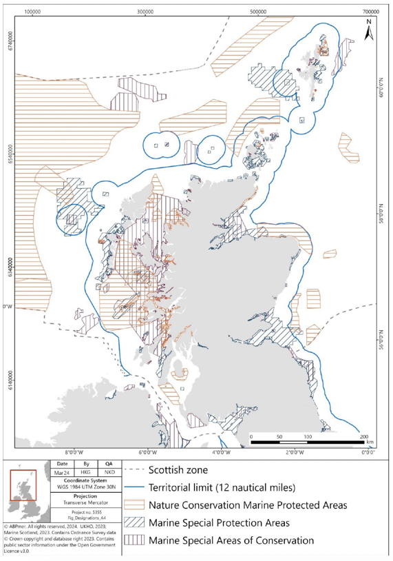 Figure showing a map of Scotland and the SAC, nature conservation MPA, and SPA sites in Scottish waters.  Details in text following figure.