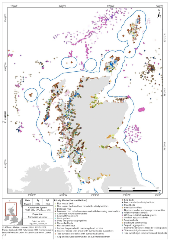Figure showing a map of Scotland and GEMS habitat data in Scottish waters.  Details in text following figure.
