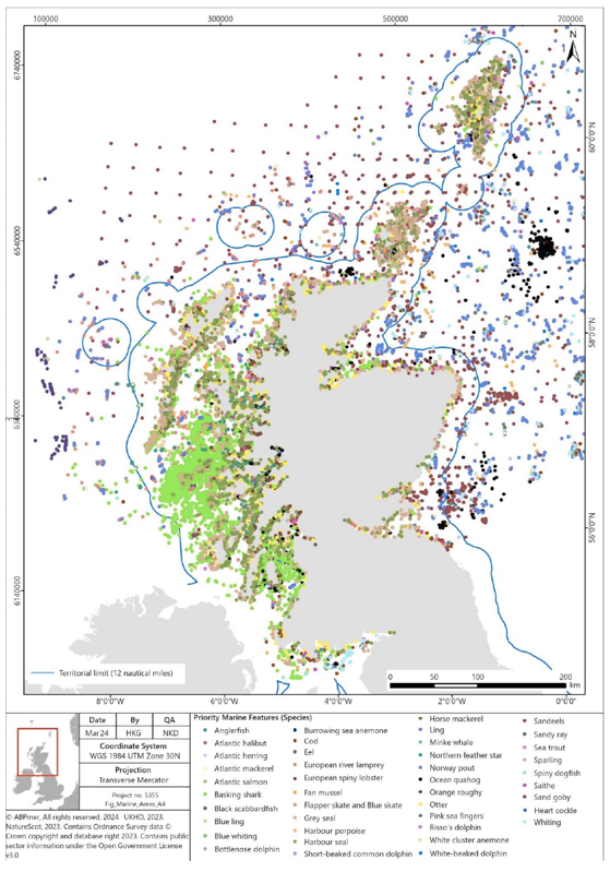 Figure showing a map of Scotland and GEMS species data in Scottish waters.  Details in text following figure.