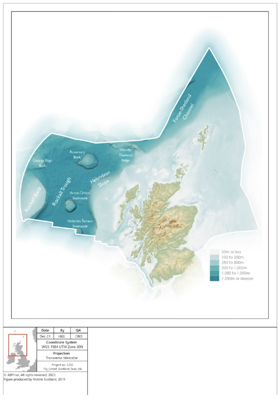 Figure showing extent of Scotland’s seas, showing bathymetry and locations of major physiographical features.  Details in text following figure.