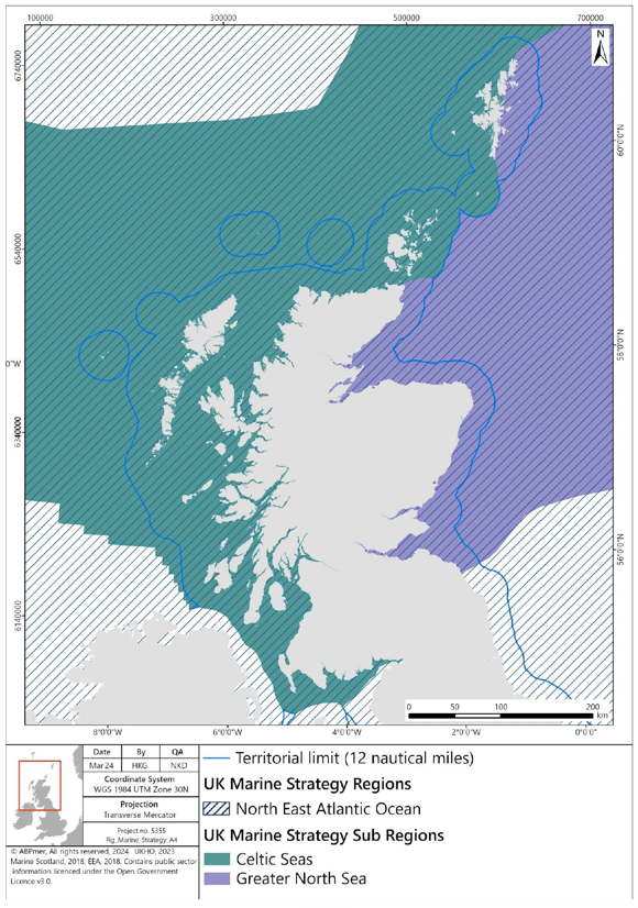 Figure showing UK Marine Strategy region and subregions.  Details in text following figure. 