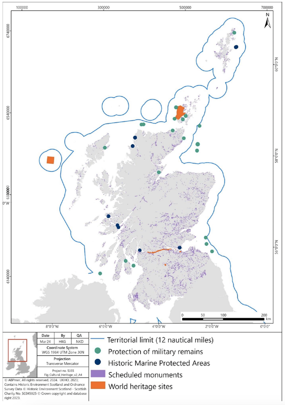 Figure showing cultural heritage sites in Scotland including Protection of Military Remains, Historic MPAs, Scheduled Monuments, and WHS.  Details in text following figure.