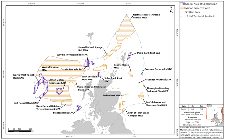 A map showing Special Areas of Conservation and Marine Protected Areas subject to proposed management measures in the Offshore Region of Scotland's seas.