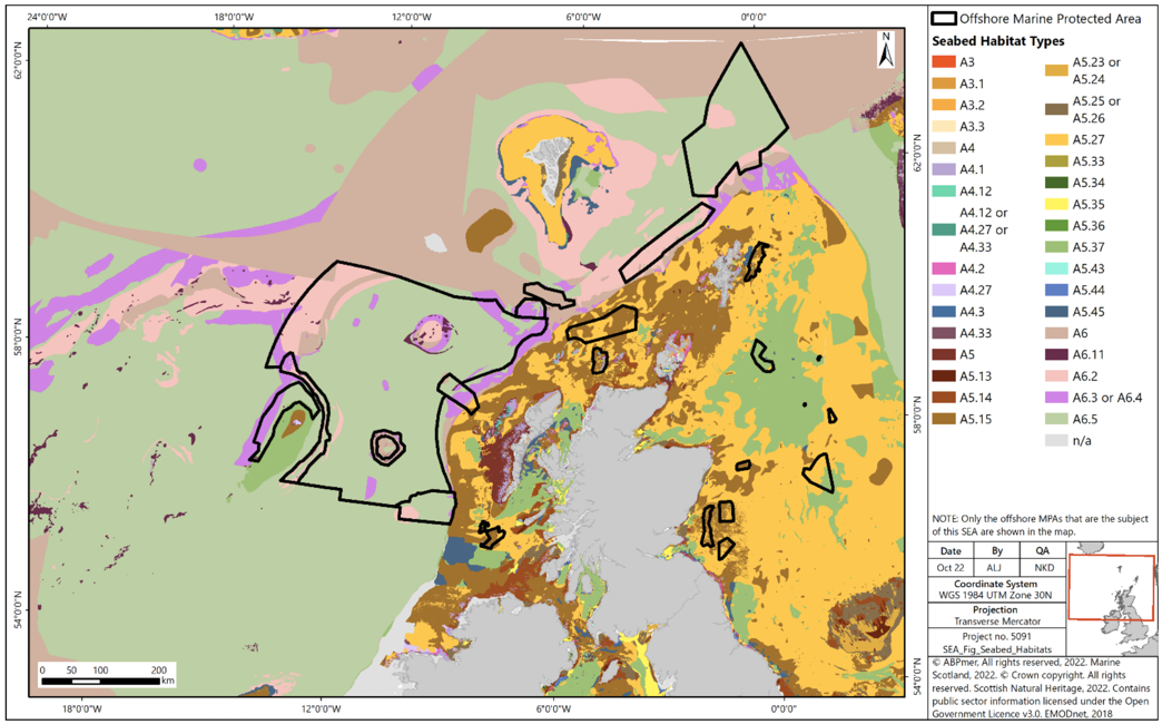 Map of Scottish Offshore Marine Protected Areas and the Seabed habitats they cover. The western and northern Marine Protected Areas are a distinct seabed type (largely upper bathydal sediments) compared to those which are eastern or closer to land (largely circalittoral sands and muds)