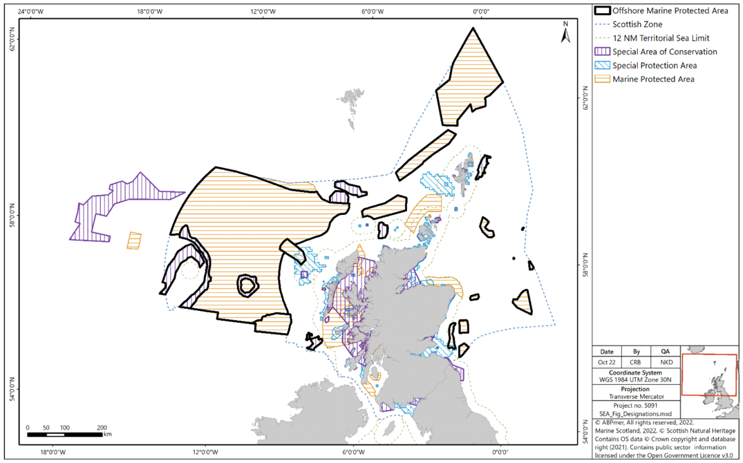 Map of Nature Conservation Sites in Scotland's Seas. These sites include all special areas of conservation, marine protected areas, and special protected areas. These occupy much of the offshore waters to the north and west of Scotland, and almost all waters between the mainland and outer hebrides. There are smaller sites to the east of Scotland- including coastal areas around the Moray Firth and Firth of Forth.