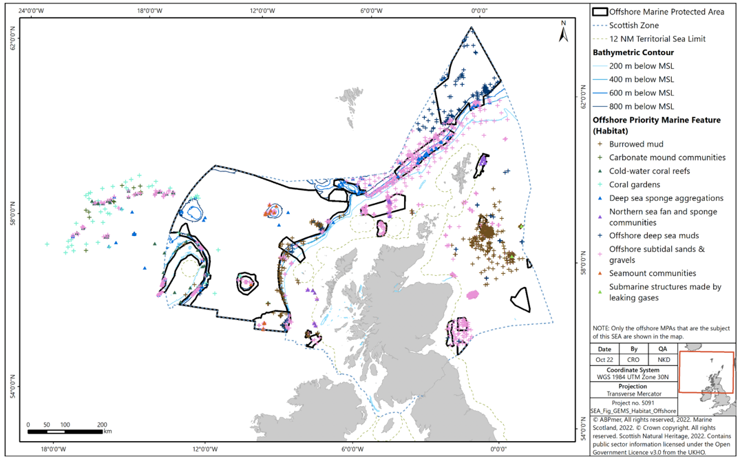 Map of Offshore Priority Marine Feature Habitats in Scotland's Offshore Region. The Marine protected areas contain a large proportion of these, however there are many instances of habitats which fall outside of current protected areas- especially in the east