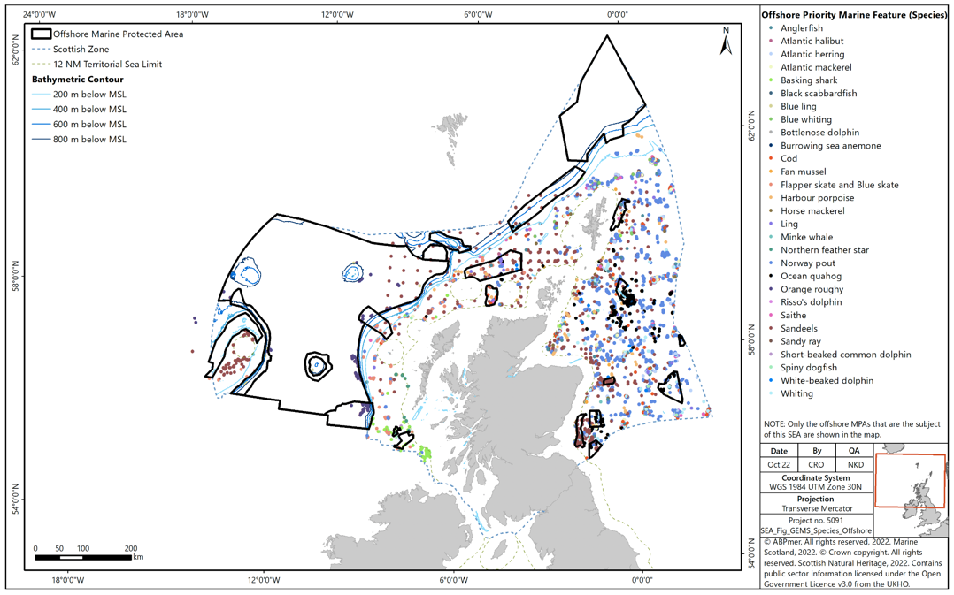 Map of Offshore Priority Marine Feature Species in Scotland's Offshore Region. A large number of these species exist in the north sea east of Scotland, and are largely not evident in the marine protected areas to the west and north of Scotland 