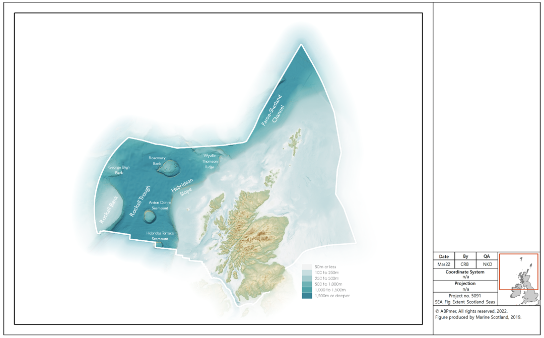 Map of the extent of Scotland's Seas showing bathymetry and locations of major physiographical features. The map shows that the deepest areas are to the north and west, with the faroe-shetland channel and rockall trough reaching depths exceeding 1000m, while the seas closer to land and to the east of Scotland are less than 250m deep. The seamounts in the west summit in the 250m to 500m range, while Rockall bank reaches 50m or less at its highest point