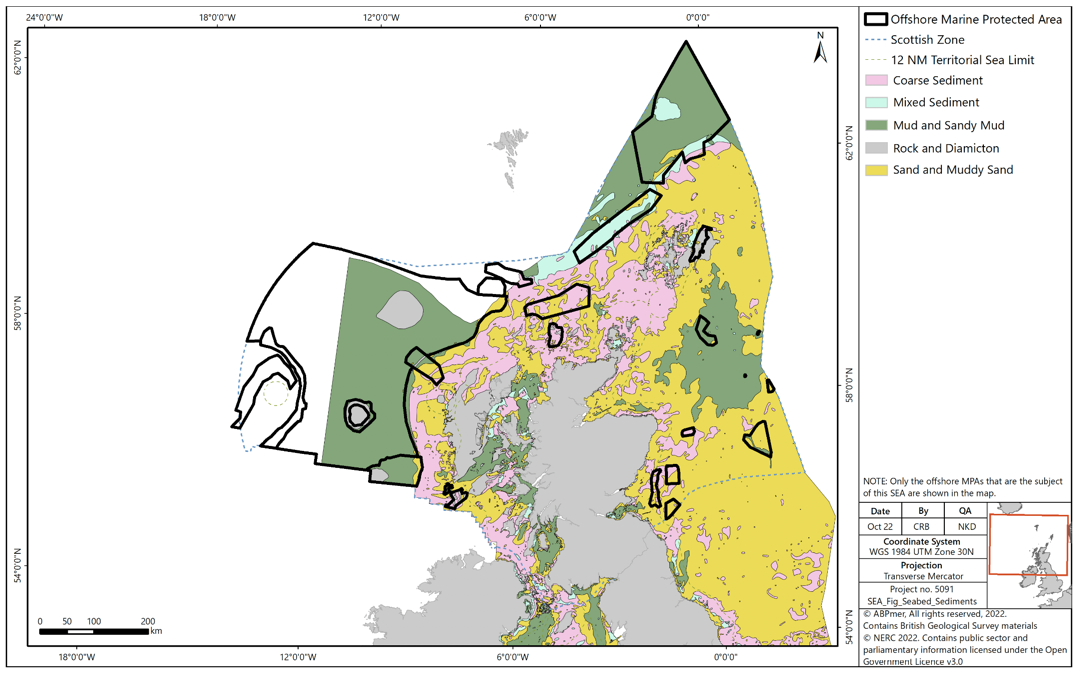 Map of Scotland with the Scottish Zone marked showing seabed sediments. The western and northern MPAs are largely mud and sandy mud, with faroe-shetland sponge belt being mixed sediment. the furthest west areas (from about halfway across the west of scotland MPA) do not show a sediment type. The seamounts west of Scotland are rock and diamicton. The remaining MPAs are sand and muddy sand, or coarse sediment, with central fladen being mud and sandy mud, and pobie bank being rock and diamicton