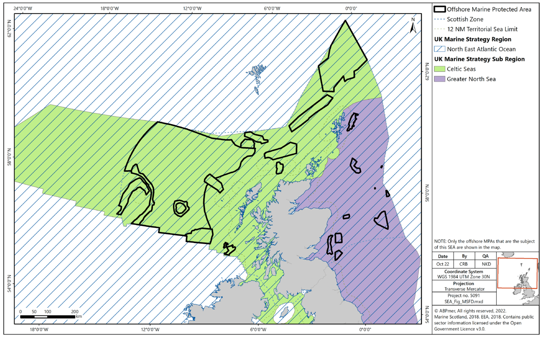 Map of Scotland's Seas displaying the UK Marine Strategy Region of North East Atlantic Ocean (encompassing the entirety of the seas around Scotland) and the UK Marine Strategy Sub Regions of Celtic Seas (covering all seas west of Scotland and those north of Scotland) and Greater North Sea (covering all seas east of the Scottish mainland, east of the waters directly surrounding Orkney, and east of Shetland)