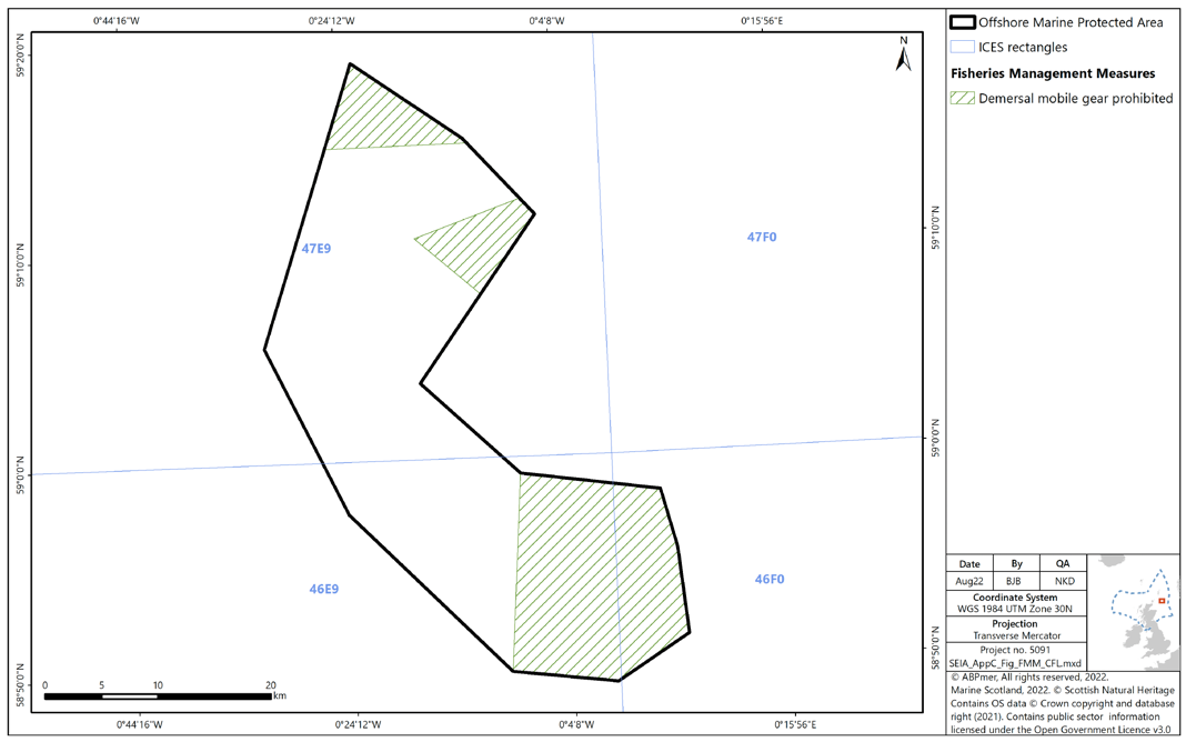 Map of Central Fladen MPA showing demersal mobile gear to be prohibited in the northern tip, a large area in the southeast, and in the northeastern-most area