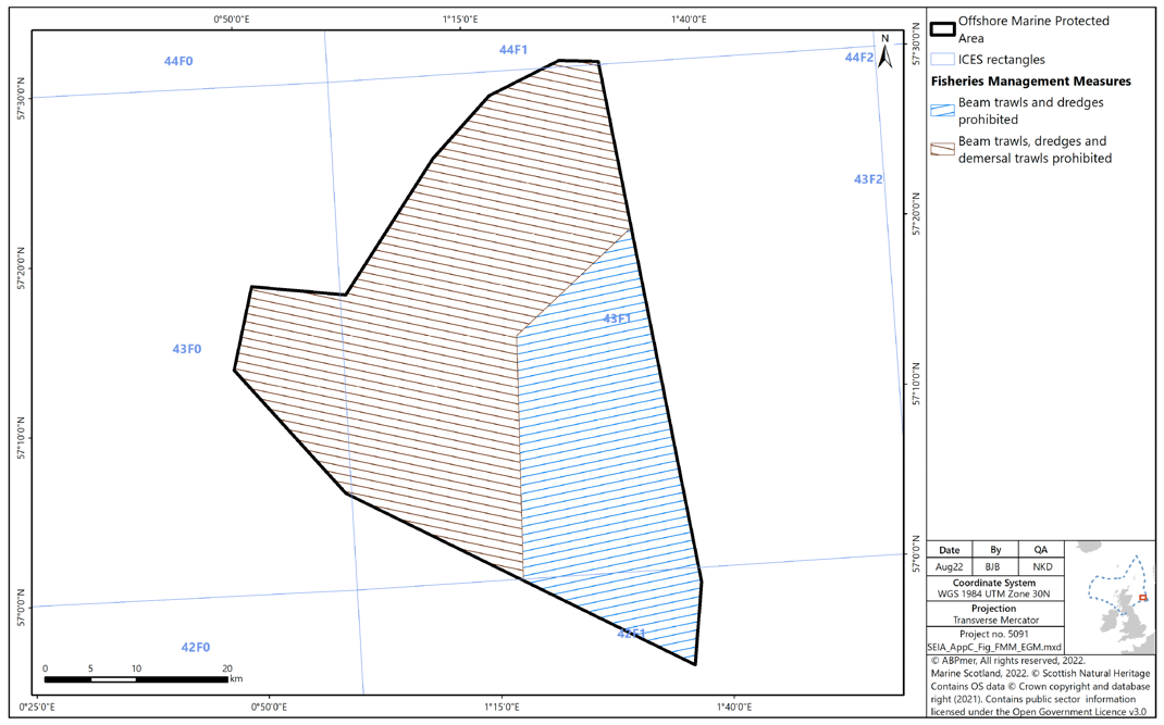 Map of East of Gannet and Montrose Field MPA showing the northern and western area of the MPA (constituting roughly 2/3 of the MPA) prohibiting beam trawls, dredges, and demersal trawls. The southeastern remainder of the MPA prohibits beam trawls and dredges