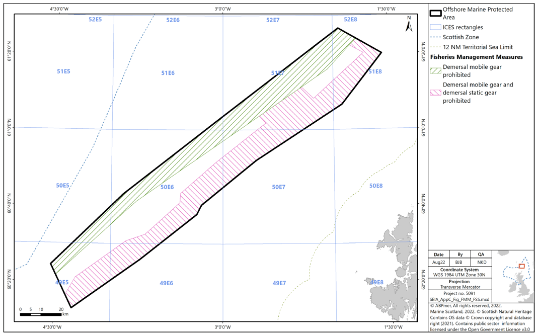 Map of Faroe-Shetland Sponge Belt MPA showing the northwestern edge of the MPA as prohibiting demersal mobile gear, and the southeastern edge and parts of the centre in the north as prohibiting demersal mobile and static gear