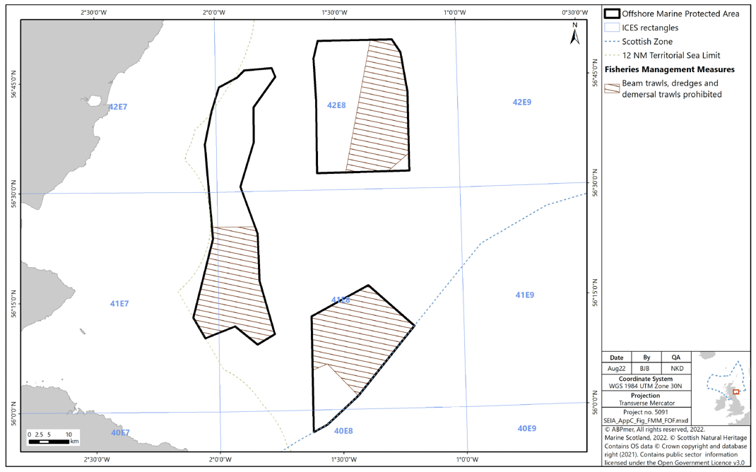 Map of Firth of Forth Banks Complex MPA , showing prohibition of beam trawls, dredges, and demersal trawls in the east of the northern sector, the south of the western sector, and all but the southern tip of the southern sector