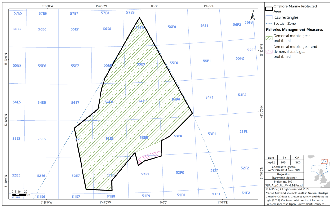 Map of Northeast Faroe-Shetland Channel MPA , showing demersal mobile and demersal static gear as prohibited from the southern edge of the central southern protruding area, and demersal mobile gear prohibited from all areas other than the central southern protruding area