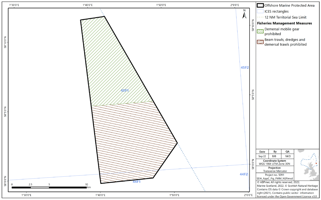 Map of Norwegian Boundary Sediment Plain MPA, demersal mobile gear is shown as prohibited from the northern half, while beam trawls, dredges, and demersal trawls are prohibited from the southern half