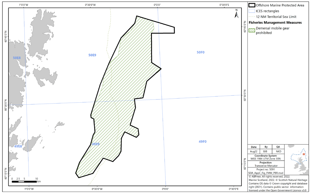 Map of Pobie Bank Reef SAC showing all areas but the northeastern protrusion, and two small areas on the western edges of the MPA as prohibiting all demersal mobile gear