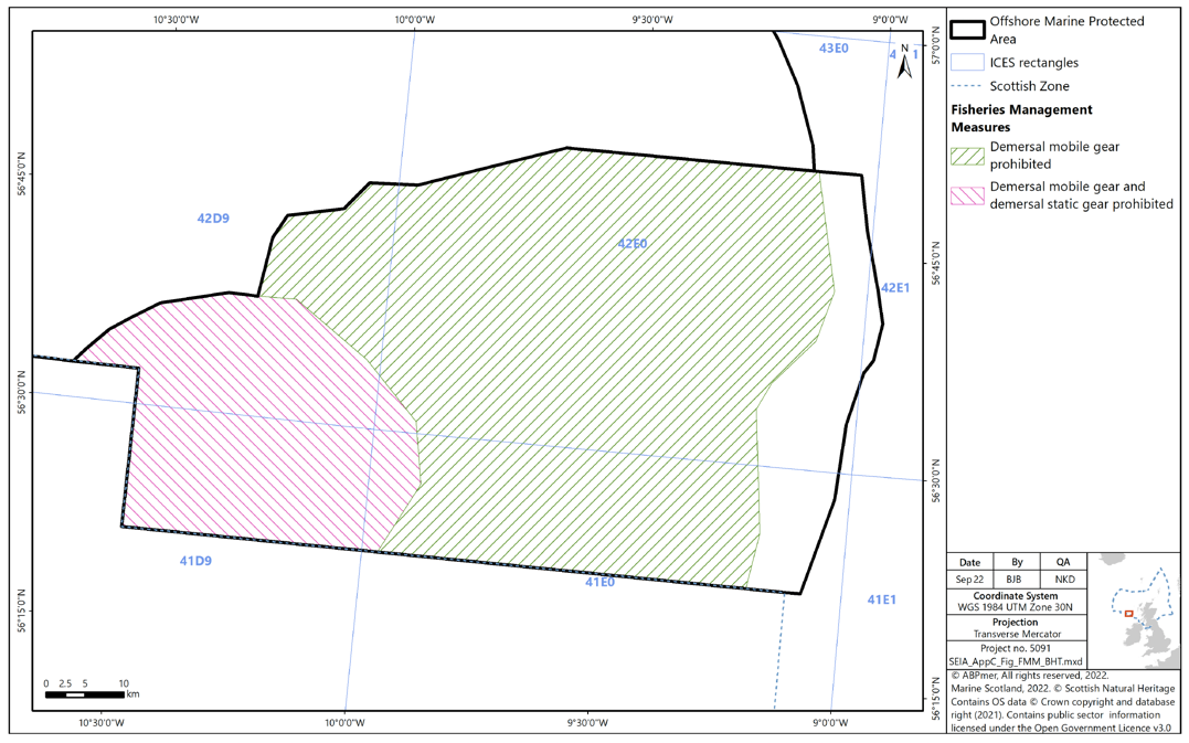 Map of Barra Fan and Hebrides Terrace Seamount MPA, the southwestern area of the MPA is marked as prohibiting demersal mobile and demersal static gear. The remainder of the MPA bar the easternmost edge is marked as prohibiting demersal mobile egar