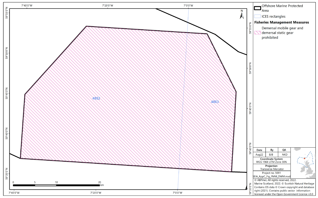 Map of Darwin Mounds SAC, with the entire MPA marked as prohibiting demersal mobile gear and demersal static gear