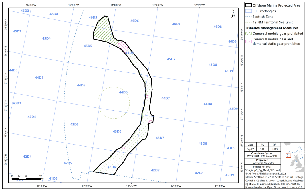 Map of East Rockall Bank SAC all but a sliver of the southern edge of the northwestern extent of the SAC is marked as prohibited for demersal mobile gear. Demersals tatic gear is also prohibited from a segment of the north, as well as small areas throughout the centre and south