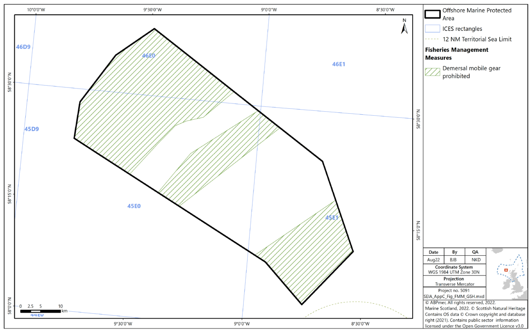 Map of Geikie Slide and Hebridean Slope MPA , showing demersal mobile gear being prohibited from the northwest and southeast of the MPA, as well as a band through the centre